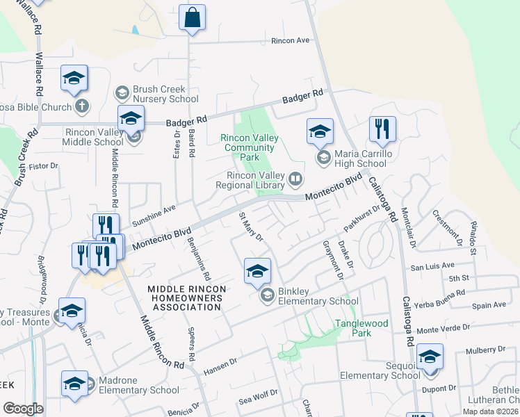map of restaurants, bars, coffee shops, grocery stores, and more near 117 Brooktrail Court in Santa Rosa