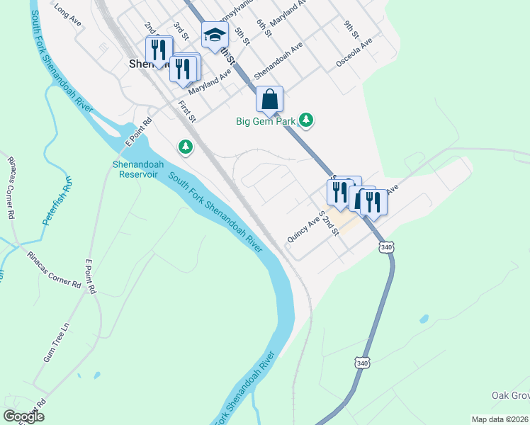 map of restaurants, bars, coffee shops, grocery stores, and more near 115 Liberty Avenue in Shenandoah