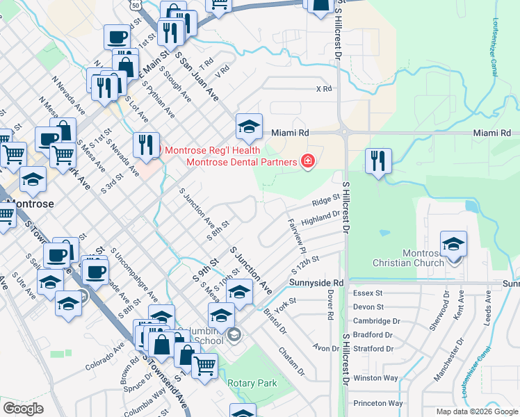 map of restaurants, bars, coffee shops, grocery stores, and more near 1201 Centennial Drive in Montrose