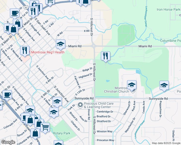 map of restaurants, bars, coffee shops, grocery stores, and more near 1139 Highland Drive in Montrose