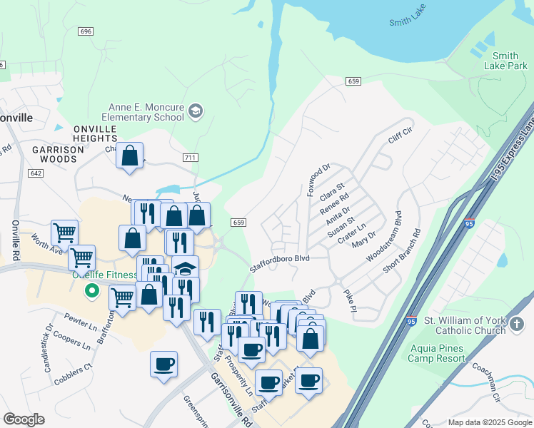 map of restaurants, bars, coffee shops, grocery stores, and more near 409 Westminster Lane in Stafford