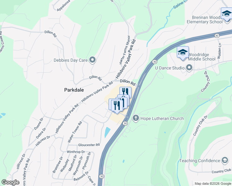 map of restaurants, bars, coffee shops, grocery stores, and more near 20 Dillon Plaza Drive in High Ridge