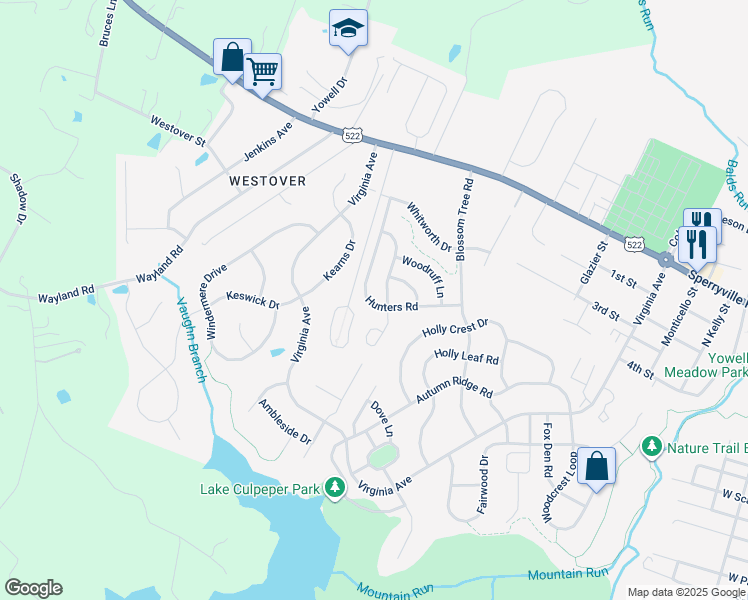 map of restaurants, bars, coffee shops, grocery stores, and more near 608 Hunters Road in Culpeper