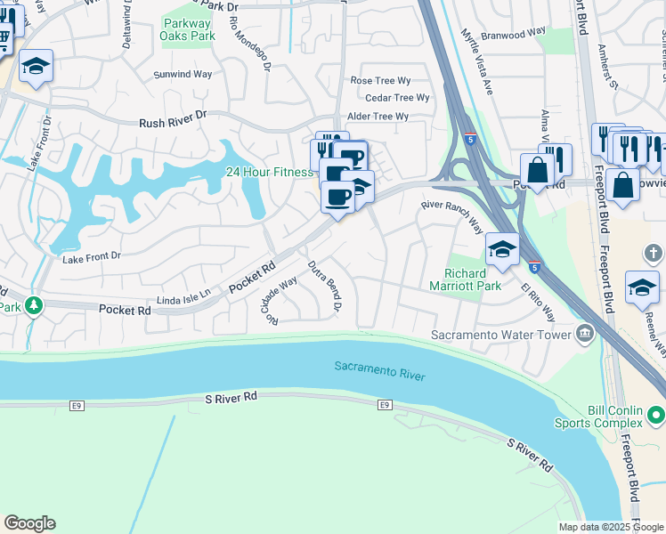 map of restaurants, bars, coffee shops, grocery stores, and more near 7791 Sleepy River Way in Sacramento