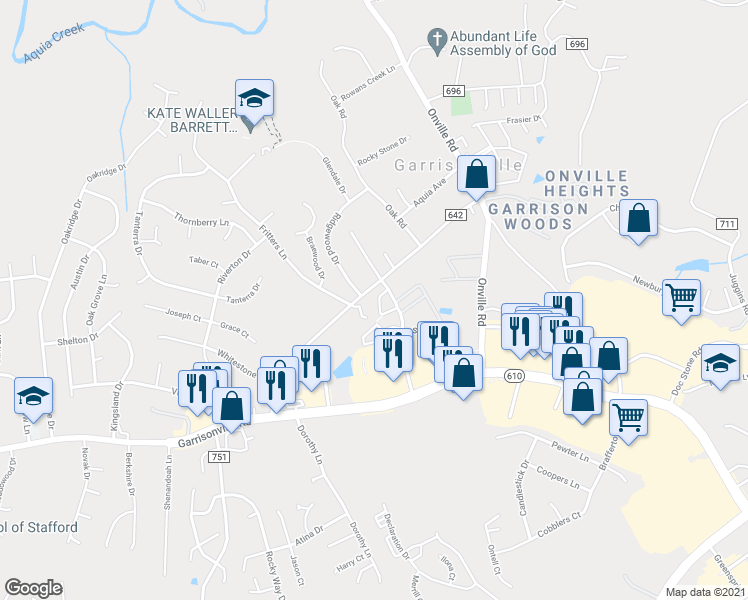 map of restaurants, bars, coffee shops, grocery stores, and more near 303 Powhatan Court in Stafford