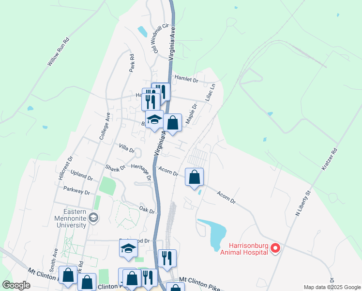 map of restaurants, bars, coffee shops, grocery stores, and more near 1632 Virginia Avenue in Harrisonburg