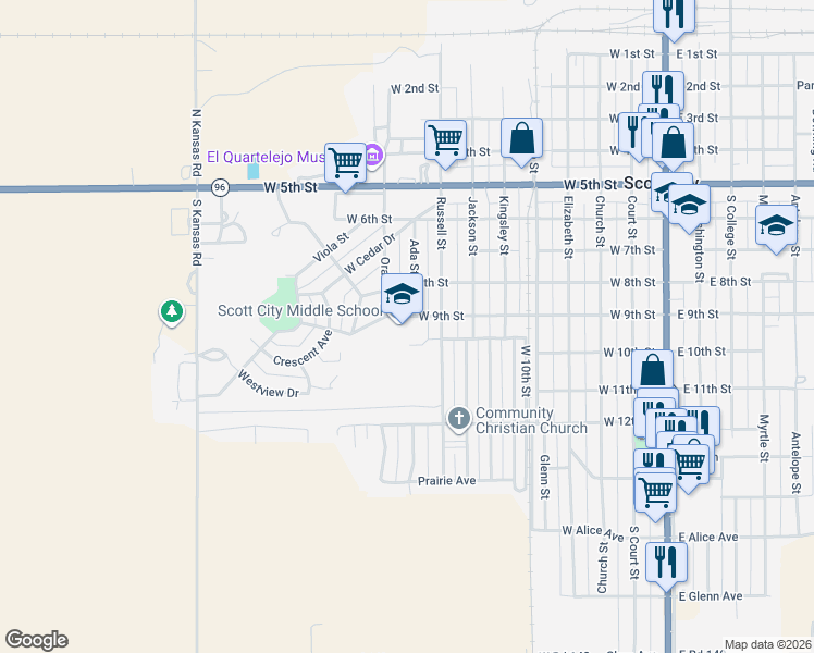 map of restaurants, bars, coffee shops, grocery stores, and more near 901-947 West 9th Street in Scott City