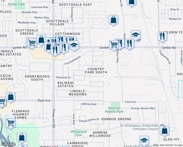map of restaurants, bars, coffee shops, grocery stores, and more near 8245 South Country Way in Sacramento