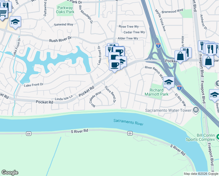 map of restaurants, bars, coffee shops, grocery stores, and more near 7791 Sleepy River Way in Sacramento