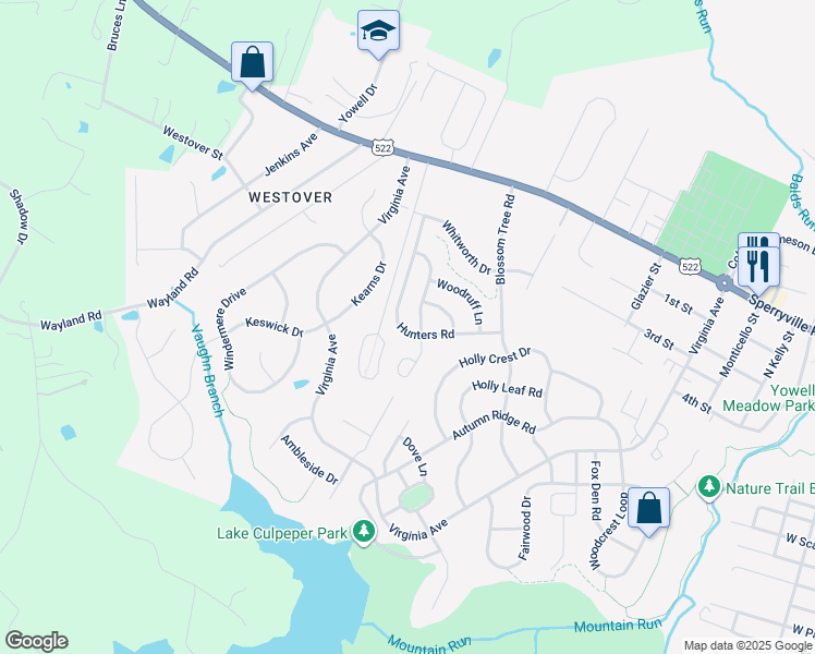 map of restaurants, bars, coffee shops, grocery stores, and more near 608 Hunters Road in Culpeper