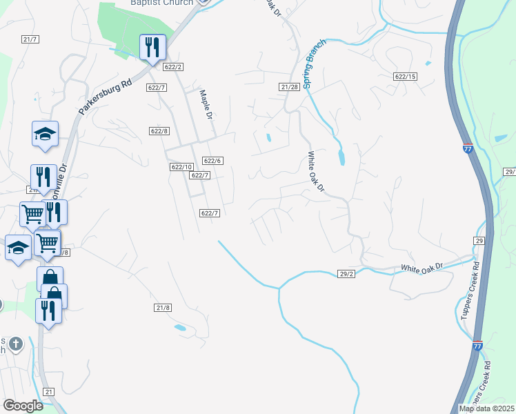 map of restaurants, bars, coffee shops, grocery stores, and more near 101-103 Greenbrier Drive in Sissonville