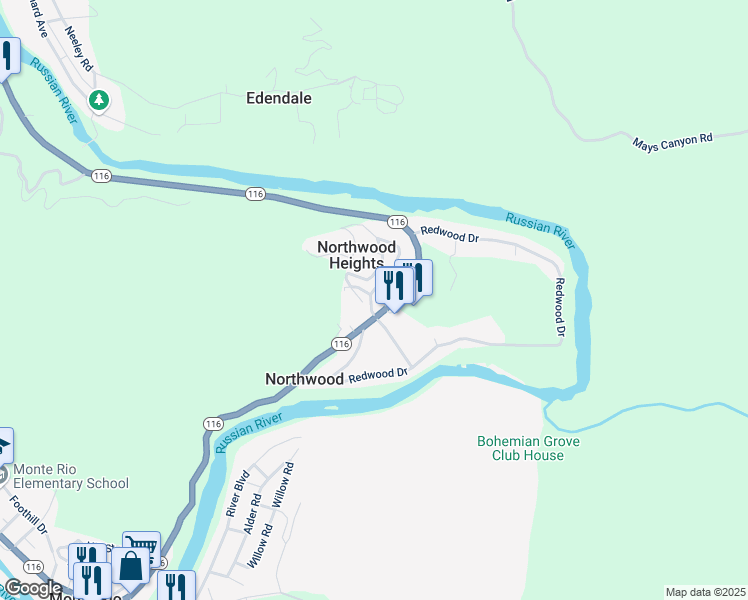 map of restaurants, bars, coffee shops, grocery stores, and more near 19393 California 116 in Monte Rio