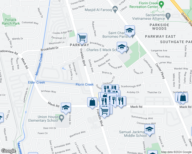 map of restaurants, bars, coffee shops, grocery stores, and more near 7705 Quinby Way in Sacramento
