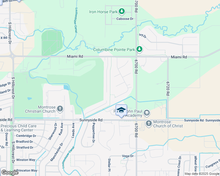 map of restaurants, bars, coffee shops, grocery stores, and more near Columbine East Park Trail in Montrose