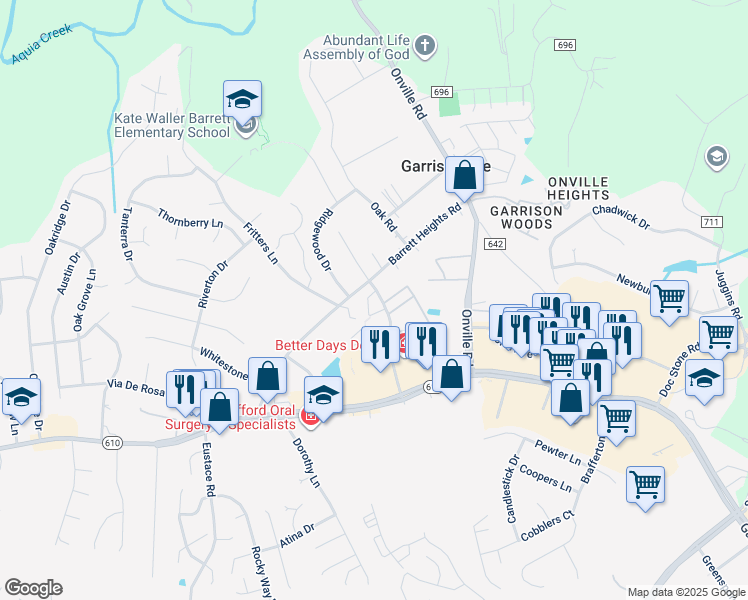 map of restaurants, bars, coffee shops, grocery stores, and more near 113 Powhatan Court in Stafford
