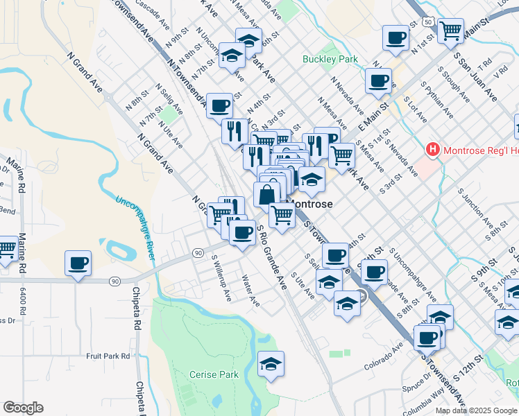 map of restaurants, bars, coffee shops, grocery stores, and more near 246 West Main Street in Montrose