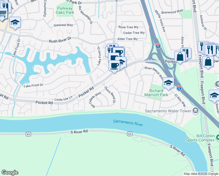 map of restaurants, bars, coffee shops, grocery stores, and more near 7791 Sleepy River Way in Sacramento