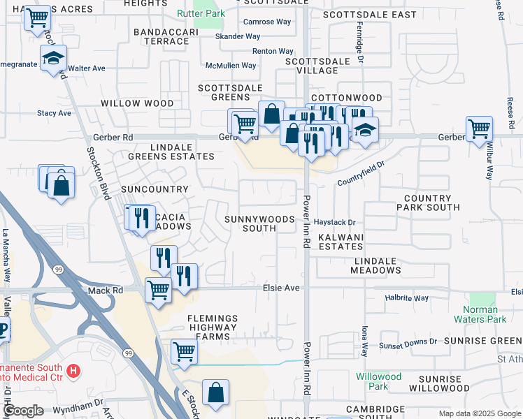 map of restaurants, bars, coffee shops, grocery stores, and more near 7957 Orchard Woods Cir in Sacramento