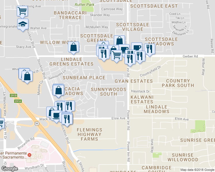 map of restaurants, bars, coffee shops, grocery stores, and more near 7961 Orchard Woods Circle in Sacramento