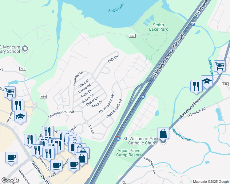 map of restaurants, bars, coffee shops, grocery stores, and more near 256 Woodstream Boulevard in Stafford