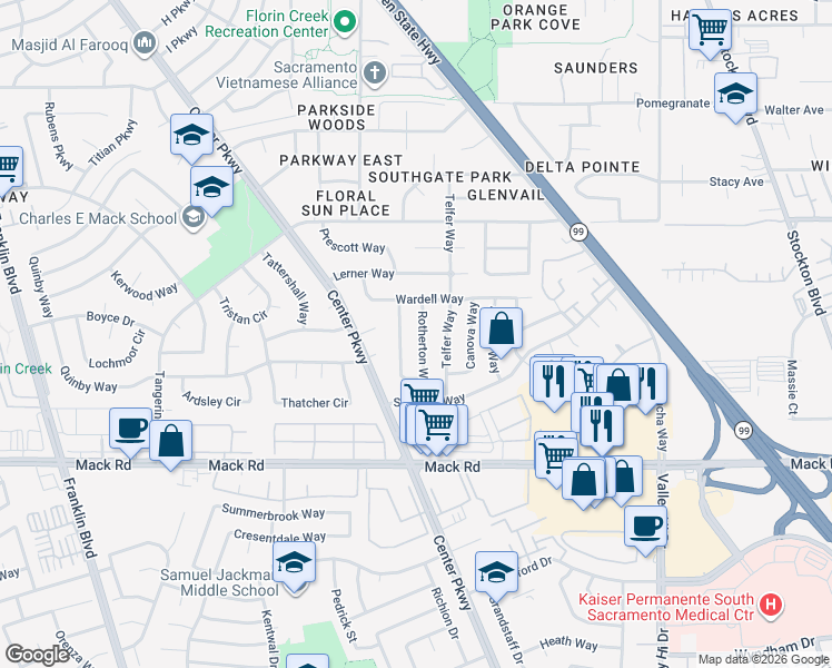 map of restaurants, bars, coffee shops, grocery stores, and more near 7695 Millroy Way in Sacramento