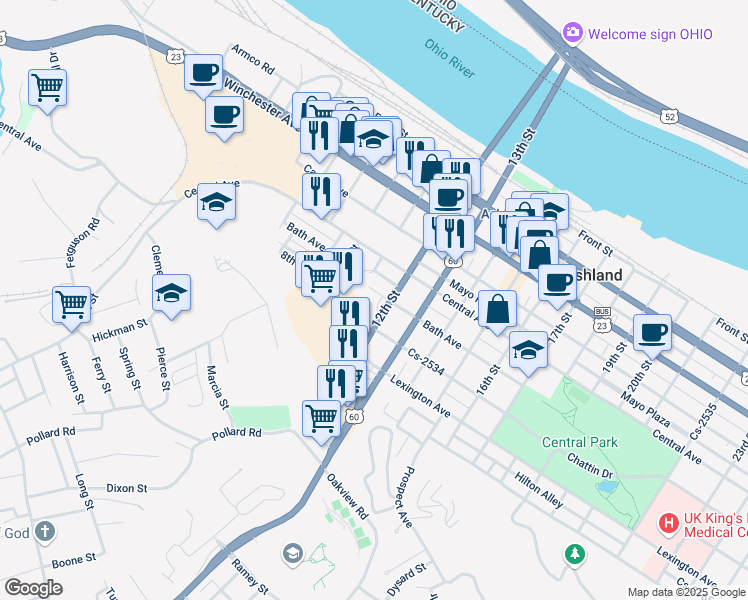 map of restaurants, bars, coffee shops, grocery stores, and more near 1124 Bath Avenue in Ashland