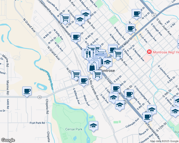 map of restaurants, bars, coffee shops, grocery stores, and more near 246 West Main Street in Montrose