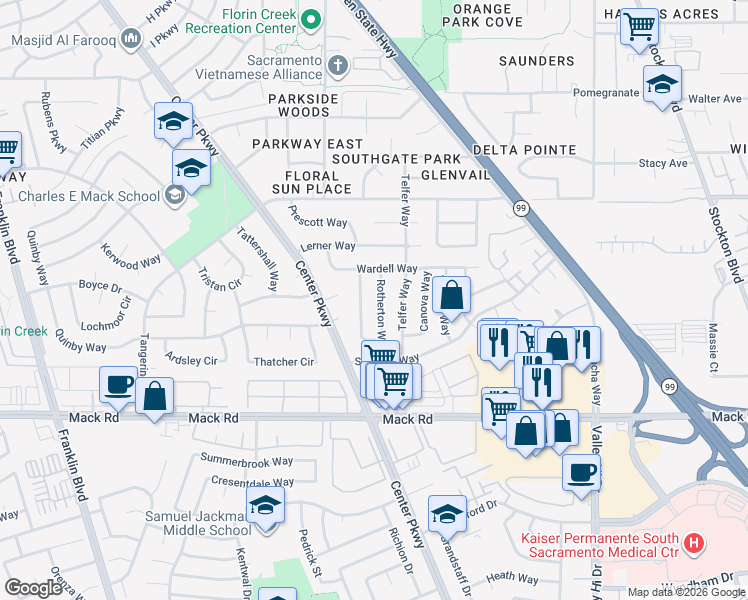 map of restaurants, bars, coffee shops, grocery stores, and more near 7695 Millroy Way in Sacramento