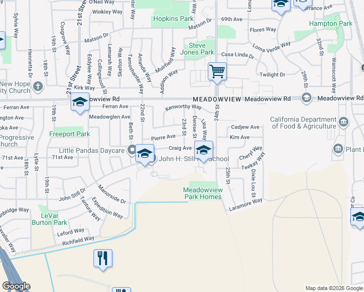 map of restaurants, bars, coffee shops, grocery stores, and more near 2295 Craig Avenue in Sacramento