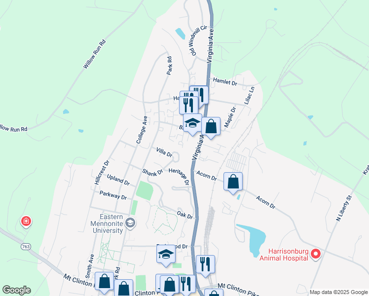 map of restaurants, bars, coffee shops, grocery stores, and more near 1624 Buttonwood Court in Harrisonburg