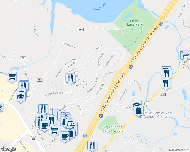 map of restaurants, bars, coffee shops, grocery stores, and more near 259 Woodstream Boulevard in Stafford