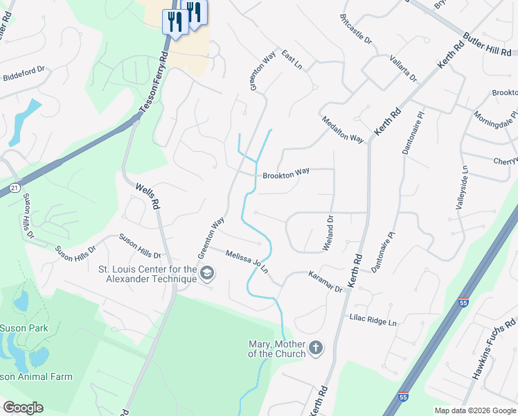 map of restaurants, bars, coffee shops, grocery stores, and more near 4831 Prairie View Court in St. Louis