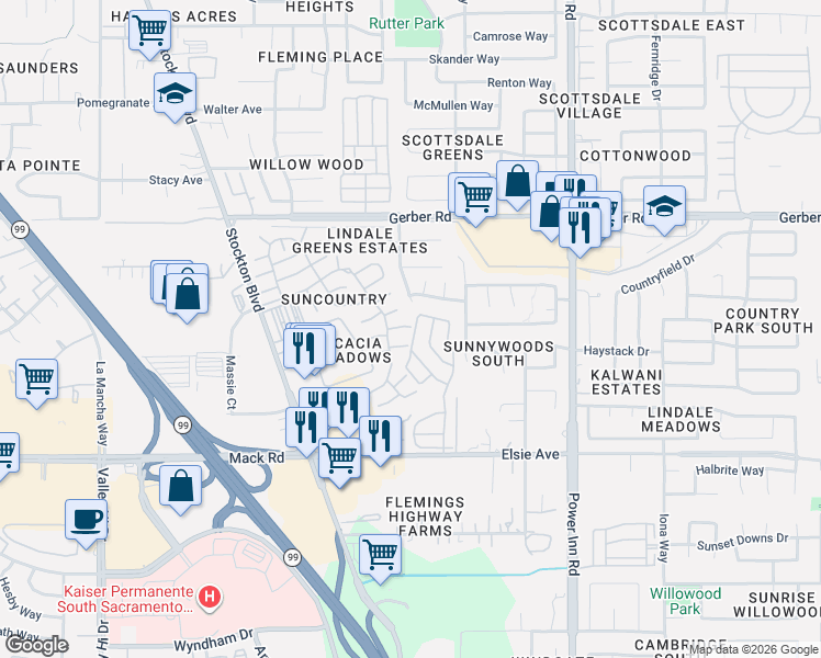 map of restaurants, bars, coffee shops, grocery stores, and more near 7708 La Reina Way in Sacramento