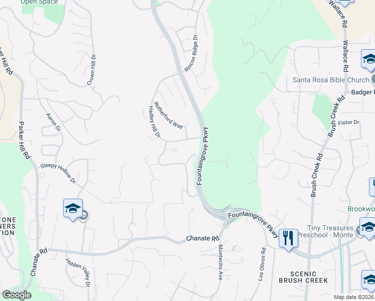 map of restaurants, bars, coffee shops, grocery stores, and more near 3624 Hadley Hill Drive in Santa Rosa