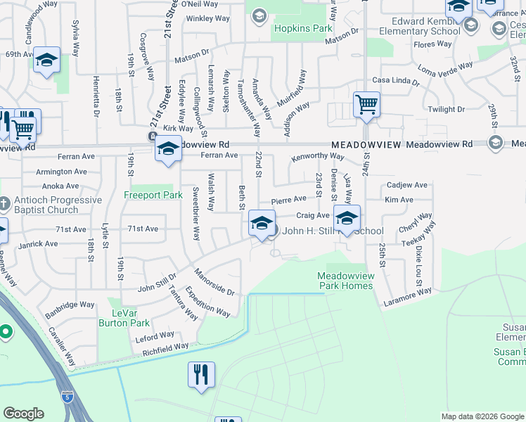 map of restaurants, bars, coffee shops, grocery stores, and more near 7671 22nd Street in Sacramento