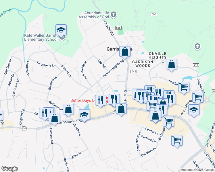 map of restaurants, bars, coffee shops, grocery stores, and more near 200 Buckingham Lane in Stafford