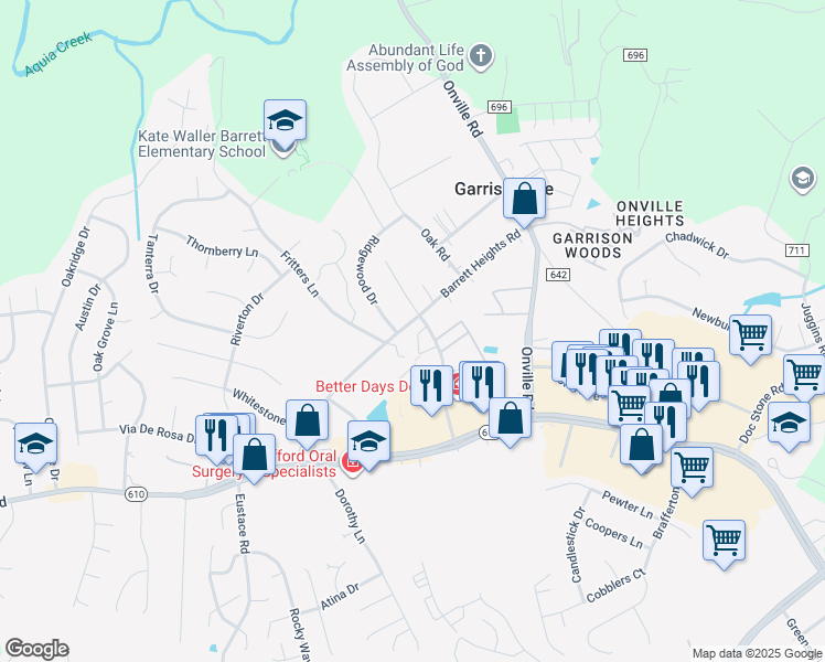 map of restaurants, bars, coffee shops, grocery stores, and more near 211 Powhatan Court in Stafford
