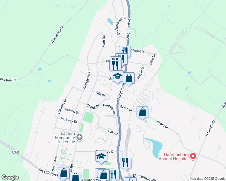 map of restaurants, bars, coffee shops, grocery stores, and more near 1624 Buttonwood Court in Harrisonburg