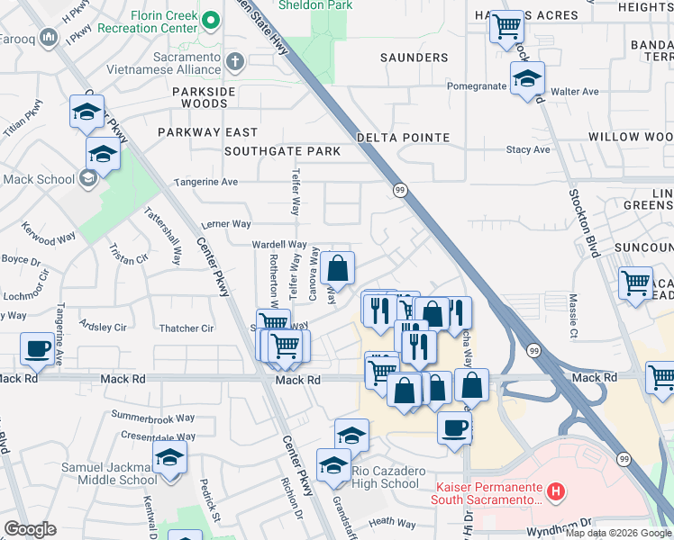 map of restaurants, bars, coffee shops, grocery stores, and more near 7712 Abaline Way in Sacramento