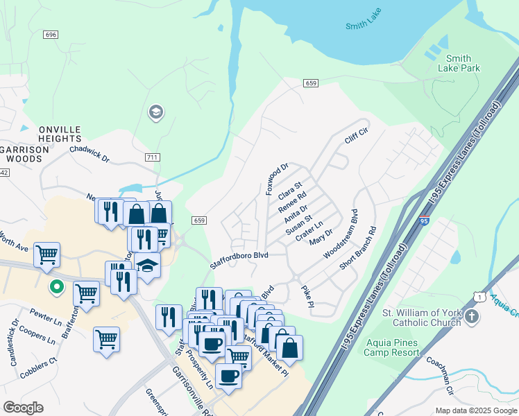 map of restaurants, bars, coffee shops, grocery stores, and more near 207 Wimbeldon Court in Stafford