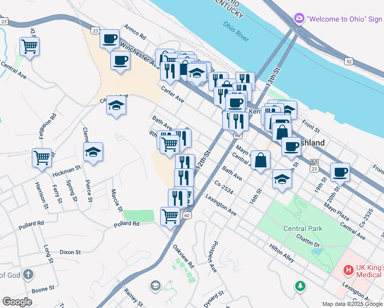 map of restaurants, bars, coffee shops, grocery stores, and more near 1124 Bath Avenue in Ashland