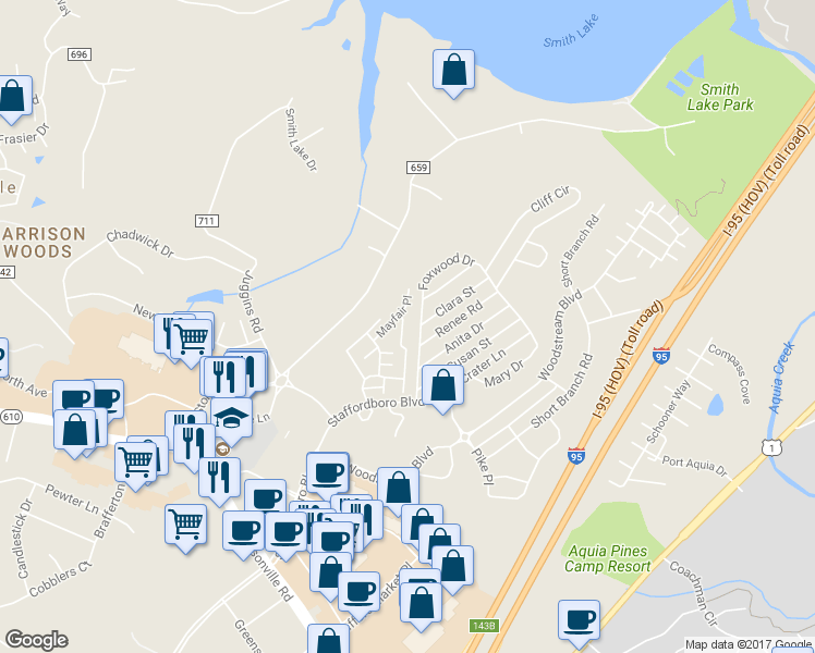 map of restaurants, bars, coffee shops, grocery stores, and more near 207 Wimbeldon Court in Stafford