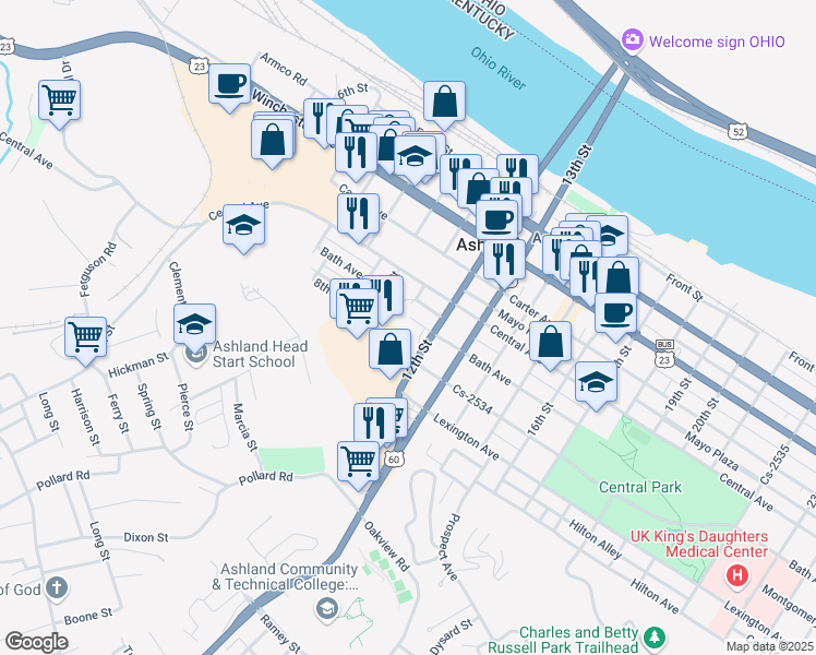 map of restaurants, bars, coffee shops, grocery stores, and more near 1100 Bath Avenue in Ashland