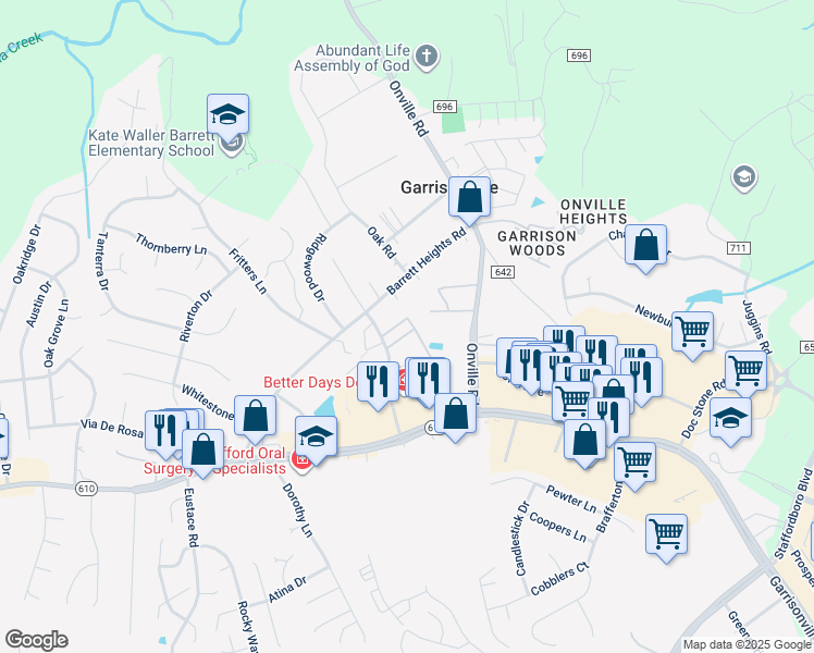 map of restaurants, bars, coffee shops, grocery stores, and more near 200 Buckingham Lane in Stafford