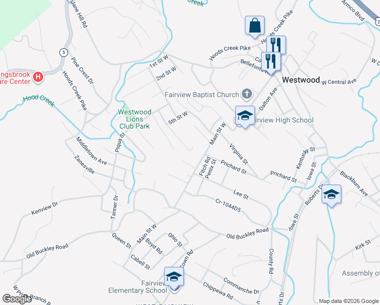map of restaurants, bars, coffee shops, grocery stores, and more near 2502 Main Street West in Ashland