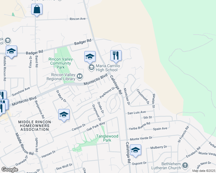 map of restaurants, bars, coffee shops, grocery stores, and more near 5133 Parkhurst Drive in Santa Rosa