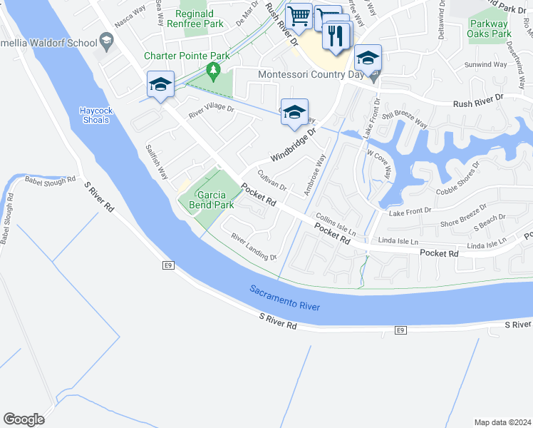 map of restaurants, bars, coffee shops, grocery stores, and more near 7721 Park River Oak Circle in Sacramento