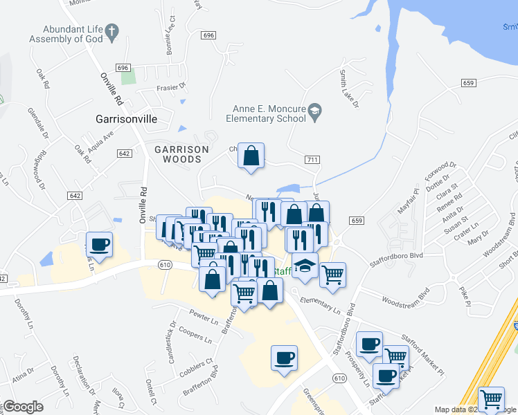 map of restaurants, bars, coffee shops, grocery stores, and more near 78 Newbury Drive in Stafford