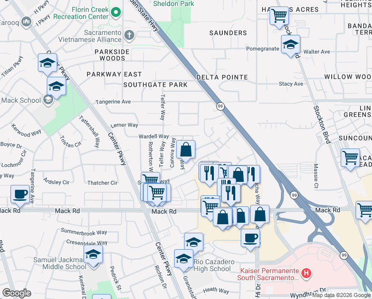 map of restaurants, bars, coffee shops, grocery stores, and more near 7712 Abaline Way in Sacramento
