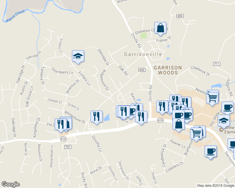 map of restaurants, bars, coffee shops, grocery stores, and more near 205 Powhatan Court in Stafford